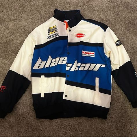 Blue, black, and white race car jacket Y2k Racer Jacket, Race Car Jersey, Car Racing Jacket, Japanese Racing Jacket, Nascar Jacket Outfit Men, Car Race Outfit, Racing Jacket Outfit Men, Blue Racer Jacket, Nascar Jacket Outfit