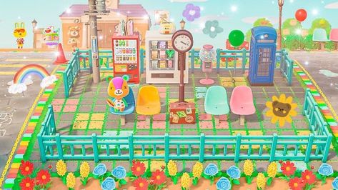 Airport Waiting Area, Kidcore Island, Acnh Kidcore, Rainbow Island, Pastel Kidcore, Acnh Inspiration, Island Theme, Animal Crossing Wild World, Animal Crossing Qr Codes Clothes