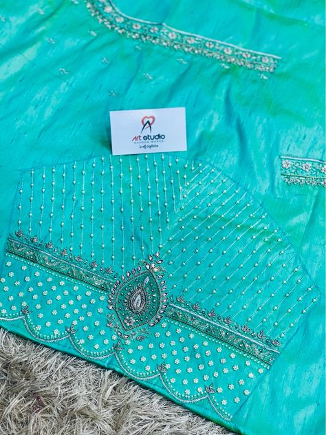 068 Sea Blue Work Blouse Piece (unstitched) | A Art Studio Blue Work Blouse, Sky Blue Blouse, Blue Blouse Designs, Silk Saree Blouse Designs Patterns, Mirror Work Blouse Design, Blouse Designs High Neck, Aari Blouse, Simple Work, Cutwork Blouse Designs