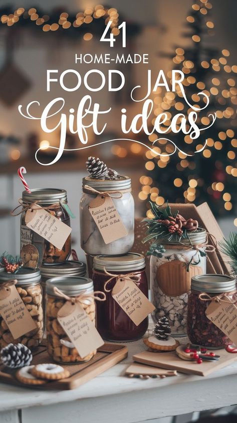 Jars filled with festive treats labeled as gift ideas sit on a wooden table. A Christmas tree and twinkling lights create a cozy, holiday atmosphere. Christmas Mason Jar Food Gifts, Popcorn In A Jar Gift, Mixes In Jars For Gifts, Cute Mason Jar Gifts, Holiday Mixes In A Jar, Breakfast In A Jar Gift, Jarred Gifts Christmas, Easy Food Gifts To Make, How To Wrap A Mason Jar Gift