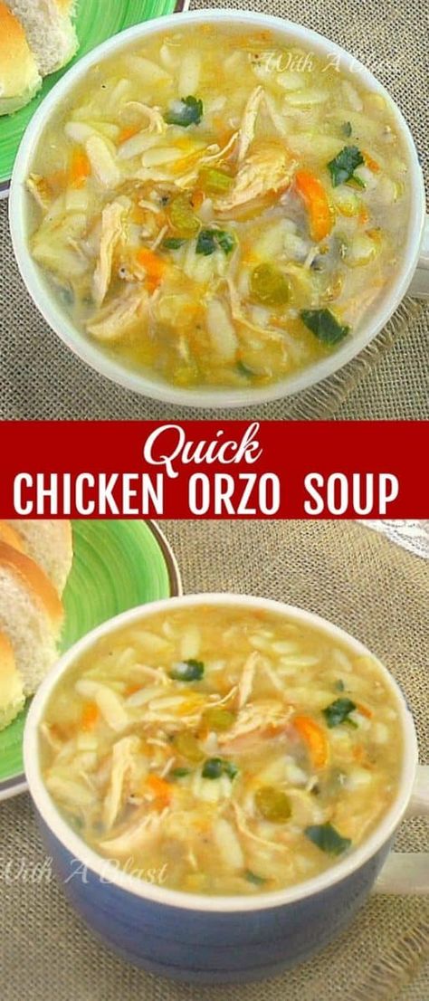 Delicious, thick, filling and warming Quick Chicken Orzo Soup ~ comfort food in a flash ! #Soup #ChickenSoup #OrzoSoup #ChickenRecipes #QuickSoupRecipes #EasySoupRecipes #PastaSoupRecipes Soup Comfort, Pasta Soup Recipes, Orzo Soup Recipes, Quick Soup Recipes, Quick Soup, Orzo Soup, Orzo Recipes, Chicken Orzo Soup, Chicken Orzo