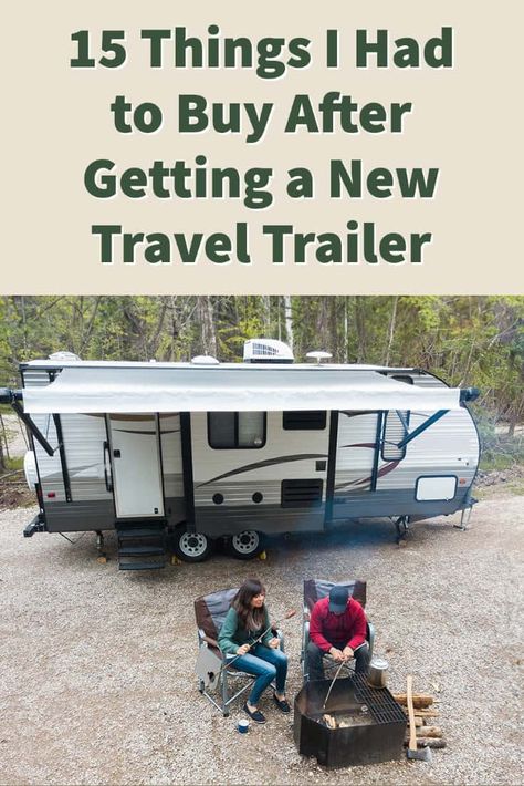 First Time Rv Camping Tips, Travel Trailer Essentials List, Small Trailer Living, New Trailer Essentials, Rv Checklist Travel Trailers, Travel Trailer Set Up Outside, Camper Trailer Must Haves, Camping Storage Ideas Travel Trailers, Camper Checklist Travel Trailers