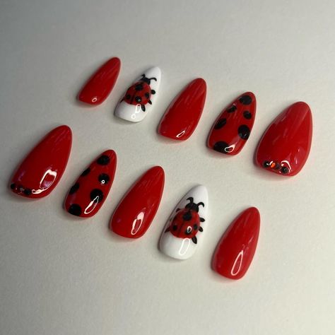 Ladybug Nails Acrylic, Silly Nail Designs, Ladybug Acrylic Nails, Bug Nails Art, Funky Nails Almond, Silly Nail Art, Cute Nail Designs Easy, Ladybug Nails Designs, Red And Yellow Nails