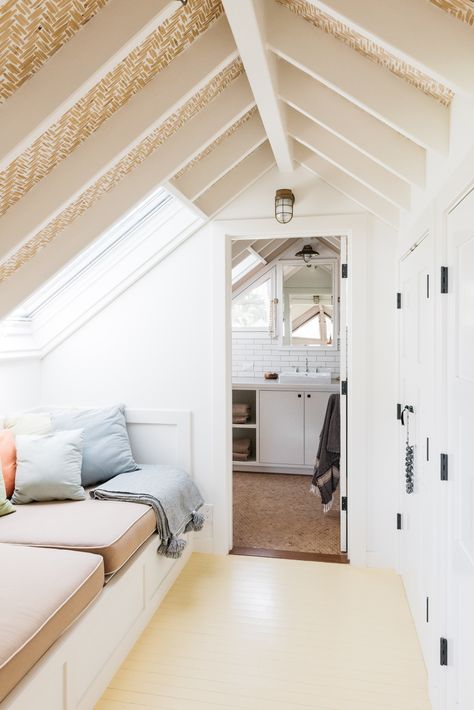 A closet and built-in reading nook make use of a narrow space under the eaves. Beach House Closet Ideas, House Closet Ideas, Stone Carriage House, Beach House Closet, Hawaiian Cottage, Coastal Minimalist Decor, Coastal Minimalist, Bar Ceiling, House Closet