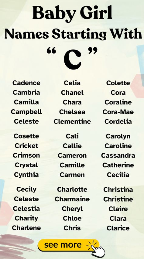 Graceful baby girl names starting with C. Unique and lovely options await.

#BabyNames  #CNames Names That Start With Letter C, C Names For A Girl, C Baby Names, C Girl Names, Fantasy Alphabet, Rp Names Ideas, Names Starting With C, Oc Names, Female Character Names