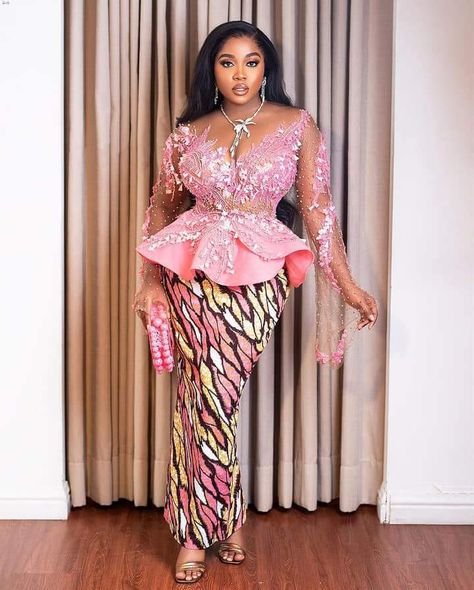 Pink Ankara, Skirt With Blouse, Veekee James, Ankara And Lace, Pink Prom Dresses Mermaid, Ankara Styles For Women, Nigerian Lace Styles Dress, Ankara Long Gown Styles, African Lace Styles