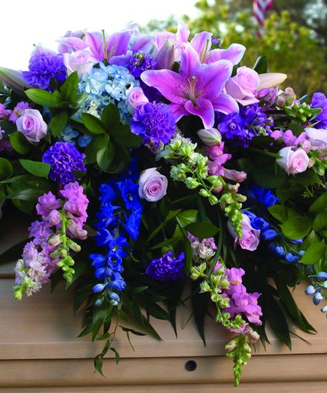 Hydrangea Casket Spray, Unique Casket Spray For Women, Casket Floral Arrangements, Purple Casket Spray, Delphinium And Hydrangea, Boxed Flowers, Larkspur Delphinium, Sympathy Floral, Casket Spray