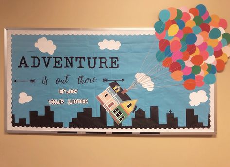 UP inspired bulletin board ♥️ Movie Bulletin Boards, Disney Bulletin Boards, Elementary School Bulletin Boards, Up Bulletin Board, Creative Bulletin Boards, College Bulletin Boards, Bulletin Boards Theme, Art Bulletin Boards, Summer Bulletin Boards