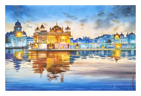 Golden temple at evening.. The shimmering reflection of the temple gives an divine view.. Golden Temple Watercolor Painting, Golden Temple Drawing, Golden Temple Painting, Watercolor Temple, Calender 2023, Inktober Ideas, Wedding Backgrounds, Temple Painting, Temple Drawing