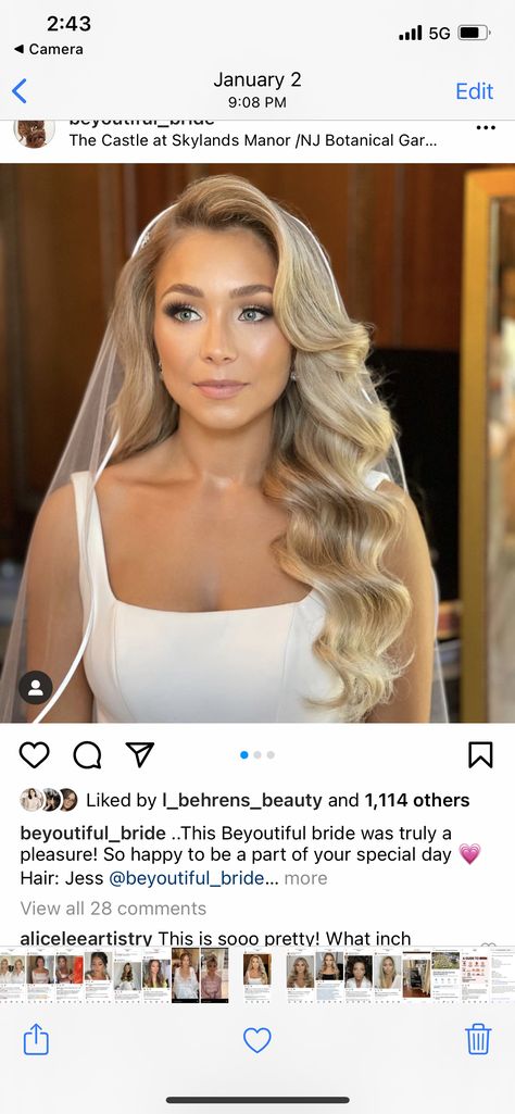 Sleek Bridesmaid Hair Half Up Half Down, Wedding Hair Parted To The Side, Bridal Hair Old Hollywood Waves, Bridal Hair Square Neckline, Wedding Hairstyles Half Up Half Down Old Hollywood, Volume Bride Hair, Sleek Long Wedding Hair, Wedding Hair Down One Side, Bride Hair Ideas With Veil