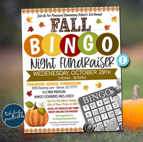 "FALL Bingo Flyer Template - Almost text is editable so you can make it read what you wish! **the top words FALL BINGO are NOT editable**  Full Editing Options With Templett.com TRY BEFORE YOU BUY! Copy and paste the demo link below: https://templett.com/design/demo/TidyLady19/22935926 Designed for Printing 8.5x11\" *This is a DIY self-editing digital, printable product - I do not edit this file for you. However, I do offer editing services at an extra charge, please reach out if you are interes Small Town Event Ideas, Fall Fundraiser Ideas, Fall Event Ideas, Community Fundraiser, Bingo Night, School Pto, Fundraiser Flyer, Halloween Event, Halloween Invitations