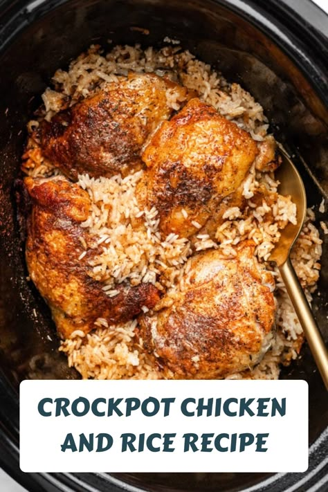 Crockpot Chicken and Rice Recipe Crock Pot Chicken And Potatoes, Boneless Chicken Thighs Crockpot, Chicken Thighs Slow Cooker Recipes, Chicken Thigh And Rice Recipe, Crockpot Rice Recipes, Crockpot Chicken And Rice, Crockpot Chicken And Potatoes, Chicken And Rice Crockpot, Best Crockpot Chicken