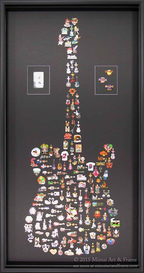 Hard Rock Cafe pins, mounted in the shape of a guitar, was a time-consuming project but certainly well worth it. According to our customer, we took 20 years of traveling and turned it into a work of art. Incredible! Guitar Decoration Ideas, Guitar Pick Display Diy, Pin Collection Display Ideas, Hang A Guitar On The Wall Diy, Guitar Hanging Ideas Diy, Electric Guitar Display, Rock And Roll Room, Pins Display, Pin Collection Displays