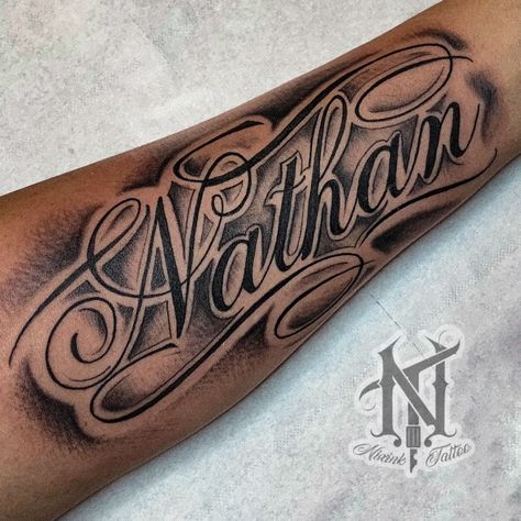 Name On Forearm Tattoo Men, Mexican Name Tattoo, Shaded Forearm Tattoo, Forearm Lettering Tattoo Men, 2 Names Tattoo Ideas, Last Name Forearm Tattoo Men, Last Name Forearm Tattoo, Sons Name Tattoo Ideas For Men, Last Name Tattoos For Men On Forearm