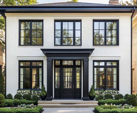 10+ Bold Black Molding Around Outside Windows for a Striking Contrast • 333+ Inspiring Lifestyle Ideas Black Square Windows, Black Windows White House, White House’s With Black Windows, Black Windows With Shutters, Traditional Modern Home Exterior Black Windows, Black Window Grids Styles, Window Exterior Design, Window Styles For Homes Exterior, Black Aluminum Windows Modern