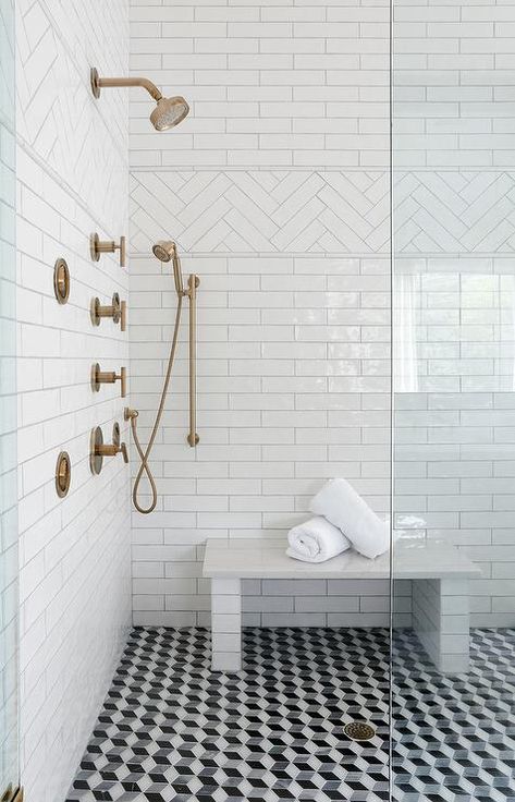 Black and White Geometric Cube Shower Floor Tiless - Transitional - Bathroom White Tiled Bathroom, Black And White Tile, Tiled Bathroom, Beautiful Bathroom Designs, Geometric Floor, Bathroom Design Trends, Bad Inspiration, Bathroom Shower Tile, Bathroom Tiles