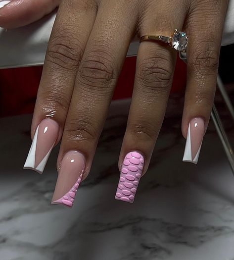 Nails Acrylic White Medium, Freestyle Nails Acrylic Medium, Pink Croc Nails Acrylic, Medium Freestyle Nails Acrylic, Medium Square Acrylic Nails Pink, Medium Nails Design, Medium Pink Acrylic Nails, Pink Freestyle Acrylic Nails, White Medium Nails