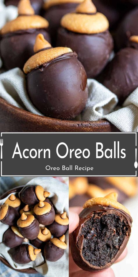 Make your Thanksgiving extra sweet with these adorable acorn-shaped Oreo Balls! These no-bake Oreo truffles are made with crushed Oreos, cream cheese, and coated in chocolate for a festive twist. Perfect for fall parties, holiday gatherings, or as edible gifts, these bite-sized treats are easy to make and fun to decorate. Impress your guests with this simple yet creative dessert idea! Acorn Dessert, Fall Truffles, Bite Size Thanksgiving Desserts, Dessert With Oreos, No Bake Appetizers, Oreo Balls Recipe, Cranberry Fluff, Baked Appetizers, Oreo Treats