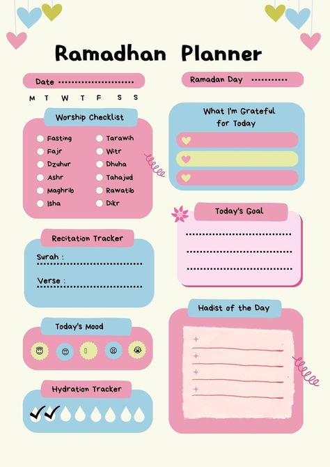 Pink Yellow Blue Cute Ramadhan Planner A4 Document - Templates by Canva Ramadhan Planner, Muslim Journal, Islamic Planner, Ramadan Journal, Ramadan Tips, Routine Schedule, Daily Routine Planner, Social Media Content Planner, Planner Writing