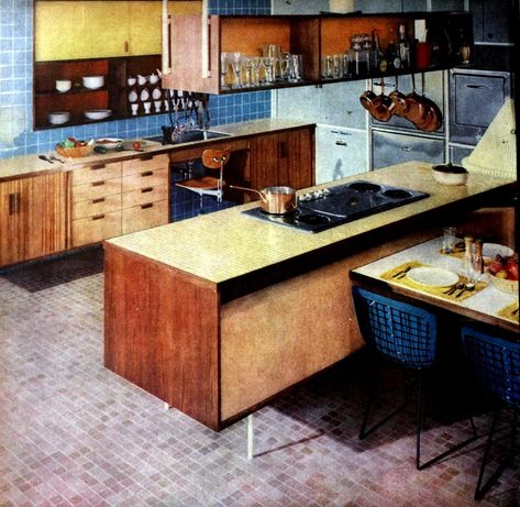 60s Tile, Kitchen Tile Designs, Vintage Kitchen Decor Retro, Round Kitchen Island, Red Kitchen Island, Tile Styles, 60s Kitchen, Kitchen Flooring Ideas, Kitchen Decor Retro