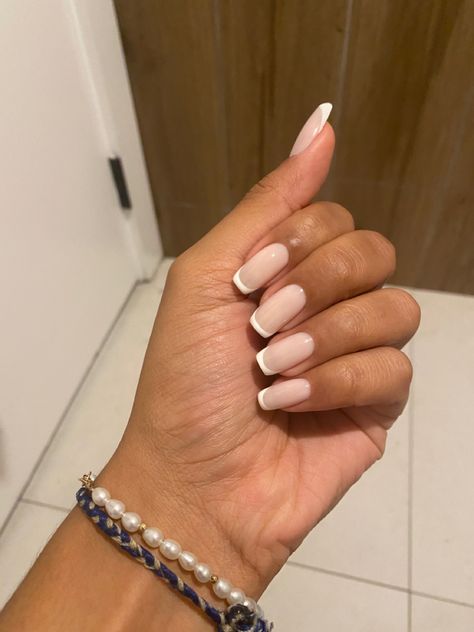 Creamy French Tip Nails, Tan And White French Nails, Creamy White French Tip Nails, Straight French Tip, Nude Base French Tip, White Almost French Tip, Nude French Tip, Colour Tip Nails, Greece Nails