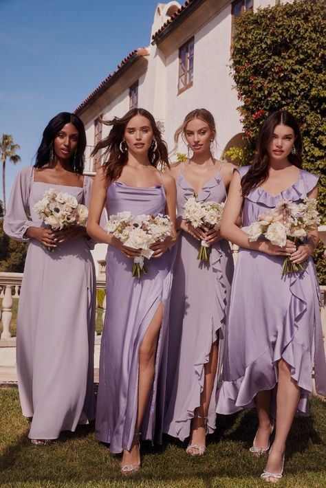 Wedding Colors Light Blue Colour Palettes, Lavender Bridesmaids, Vestido Color Lila, Lilac Wedding Themes, Lavender Wedding Theme, Tangled Wedding, Lilac Bridesmaid, Lavender Bridesmaid, Lavender Bridesmaid Dresses