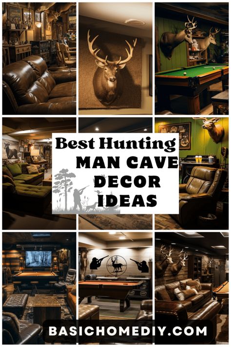 Best Hunting Man Cave Decor Ideas for Your Home Hunting Cabin Decorating Ideas, Hunters Living Room Ideas, Hunters Man Cave Ideas, Man Cave Hunting Room, Lodge Basement Ideas, Hunting Man Caves, Taxidermy Decor Living Room, Man Cave Bedroom Ideas, Rustic Man Cave Ideas