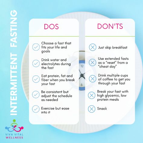 Thinking about starting intermittent fasting? Here are some key dos and don'ts to keep in mind!  
Follow us for more tips!

.
.
.
#IntermittentFasting #HealthyLiving #WellnessTips #VivaVitalWellness Dos And Don'ts, Cheat Day, Intermittent Fasting, Protein Foods, Wellness Tips, Keep In Mind, Drinking Water, Follow Us, Healthy Living