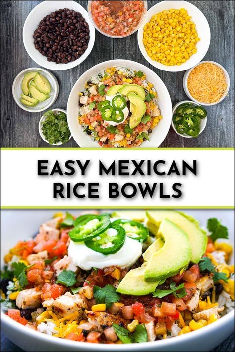 Mexican rice bowl with individual toppings in smaller bowls and text Mexican Rice Bowl Recipe Chicken, Mex Bowl Recipes, Rice For Bowls, Healthy Mexican Rice Bowls, Easy Bowl Meals, Mexican Bowl Recipe Chicken, Mexican Protein Bowl, Southwestern Rice Bowl, Rice Bowls For A Crowd