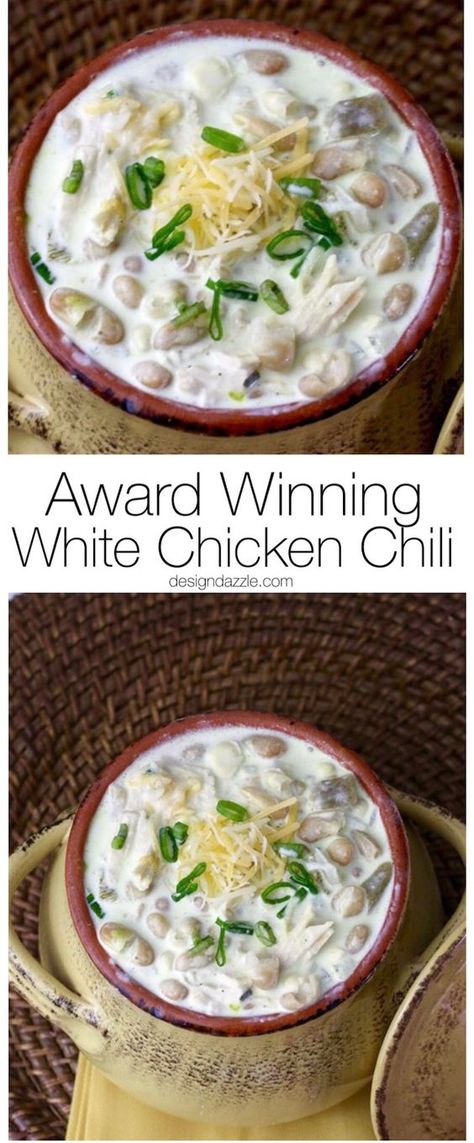 Award Winning Creamy and Delicious White Chicken Chili | Design Dazzle Award Winning White Chicken Chili Recipe, Award Winning White Chicken Chili, White Chicken Chili Recipe Crockpot, White Chicken Chili Recipe, Crockpot White Chicken Chili, Creamy White Chicken Chili, White Chili, White Chili Chicken Recipe, Rice Recipes For Dinner