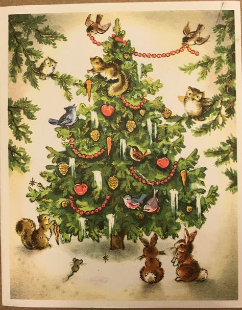 Woodland forest animals around a Christmas tree Vintage Christmas Tree Decorations, Postal Vintage, Vintage Christmas Images, Woodland Christmas, Tree Illustration, Christmas Tree With Gifts, Christmas Past, Christmas Memory, Noel Christmas