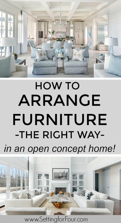 How To Arrange Furniture In An Open Concept Kitchen, Dining and Living Room Floor Plan - furniture layout ideas. #arrange #furniture #arrangement #layout #kitchen #livingroom #diningroom #openconcept #home #rooms #ideas #decor #design Coastal Kitchen And Open Living Room, Entryway Decor Open Concept, How To Style Open Concept Living Room, 13 X 15 Living Room Layout Sofas, Entryway In Open Floor Plan, Large Open Floor Plan Decorating Ideas, How To Place Furniture In Open Concept, Open Concept Entryway Living Room, Designer Living Room Ideas