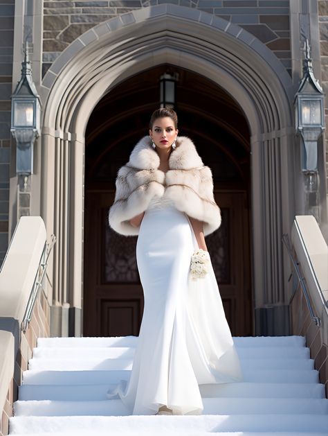 Fur Coat With Wedding Dress, Winter Wedding Dress Fur, Fur Wedding Cape, Bride Vibes, Great Gatsby Themed Party, White Fur Coat, Gatsby Themed Party, Wedding Fur, Vintage Fox