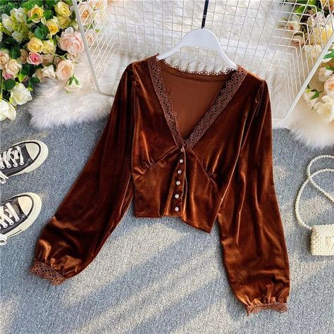 Velvet Shirts, Cheap Blouses, Patchwork Top, Velvet Shirt, Future Outfit, Velvet Lace, Winter Mode, Casual Lace, Fashion 2020