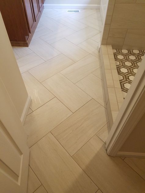 12x24 master bath floor on a diagonal herringbone Herringbone Tile Bathroom Floor, Herringbone Bathroom Floor, Blue Grout, Herringbone Tile Bathroom, Herringbone Tile Pattern, White Laminate Flooring, Herringbone Tile Floors, Flooring Kitchen, Closet And Bathroom