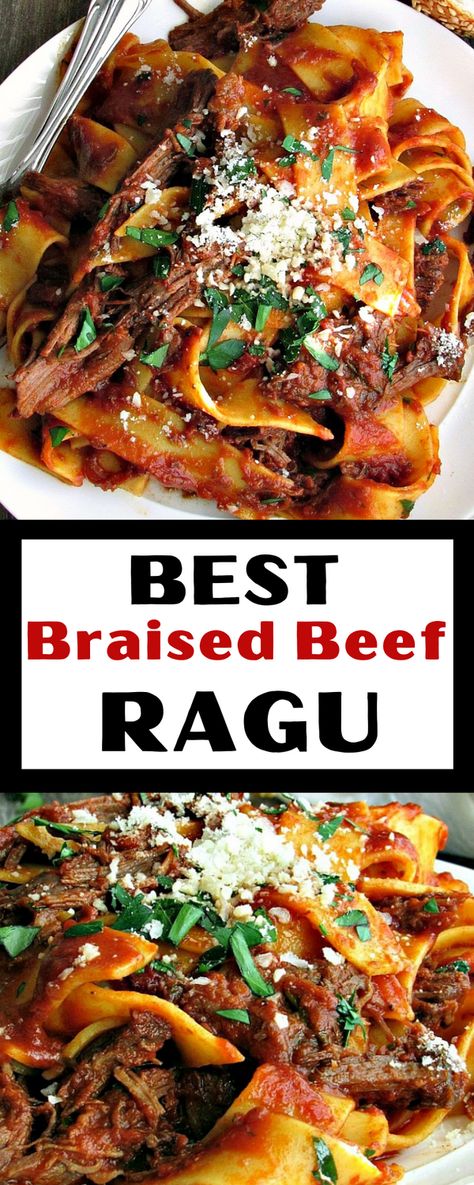 The is the BEST Beef Ragu - tender, shredded braised beef in a rich tomato herb sauce. Fast prep, slow cooked. Serve with your favorite passed a showering of grated parmesan cheese. Irresistible holiday meal or Sunday Supper. #braisedbeefragu #beefragu #italianrecipe #italiandishes #italianrecipe #ragu #beefchuckroastrecipe #beefrecipe #holidayrecipe #bestholidayrecipe #sundaysupper #sundayrecipe #agoudalife Braised Beef Pasta, Braised Beef Ragu, Ragu Sauce Recipes, Ragu With Pappardelle, Beef Ragout, Beef Ragu Recipe, Ragout Recipe, Braised Beef Recipes, Pork Ragu