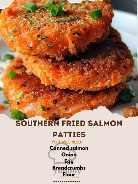 🍣✨ Savor the flavors of the South with these Fried Salmon Patties! #SouthernComfort #Seafood Southern Fried Salmon Patties Ingredients: Canned salmon (15 oz, drained) Onion (1, finely chopped) Egg (1) Breadcrumbs (1/2 cup) Flour (1/4 cup) Salt and pepper (to taste) Vegetable oil (for frying) Instructions: Mix salmon, onion, egg, breadcrumbs, salt, and pepper. Form mixture into patties and coat with flour. Heat oil in a pan and fry patties until golden brown. 🍣✨ Crispy on the outside, tend... Fried Salmon Patties, Canned Salmon, Can Salmon, Fried Salmon, Salmon Patties, Southern Comfort, Frying Oil, Bread Crumbs, Golden Brown