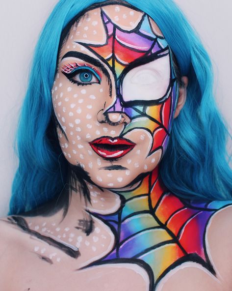 rainbow spiderman makeup Halloween Women Face Paint, Rainbow Spiderman, Pop Art Face Paint, Spiderman Inspired Makeup, Super Hero Makeup, Marvel Makeup, Pop Art Makeup Ideas, Spiderman Makeup, Superhero Makeup