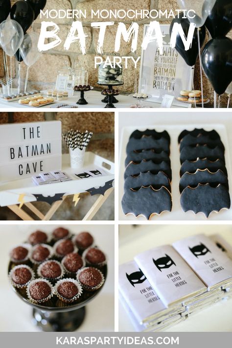 Batman Party Food Ideas, First Birthday Batman Theme, Monochromatic Cake, Batman Party Foods, Monochromatic Party, Balloon Bunches, Batman Theme Party, Batman Party Supplies, Batman Party Decorations