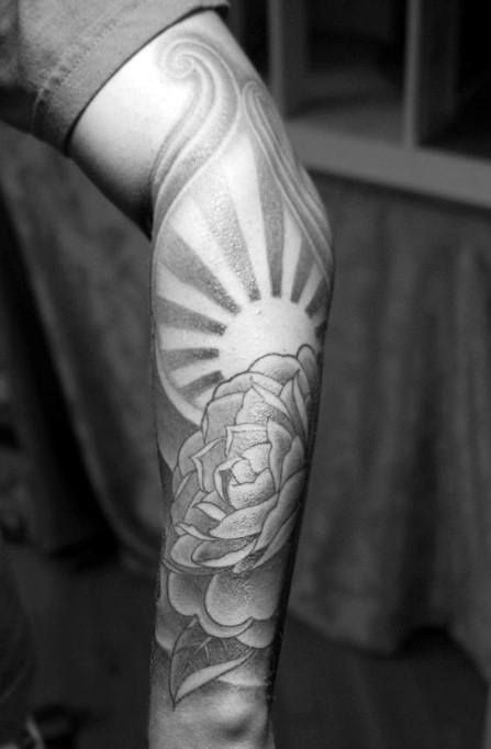 Gentleman With Rising Sun Rose Flower Forearm Sleeve Tattoo Sunbeam Tattoo, Sun Tattoo Sleeve, Rising Sun Tattoo, Eden Tattoo, Sun Rays Tattoo, Rising Sun Tattoos, Sunrise Tattoo, Sky Tattoos, Ray Tattoo