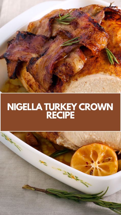 This delicious and easy Nigella Turkey Crown is perfect for a special dinner or holiday feast. Tender turkey, infused with thyme and orange, is finished with a rich, savory gravy. Quick to prepare, this dish uses simple ingredients, yet delivers a mouthwatering, crispy skin and juicy meat that will impress any guest! Turkey Crown Recipe Christmas, Turkey Crown Recipe, Nigella Recipes, Preparing A Turkey, Turkey Crown, Nigella Lawson Recipes, Moist Turkey, Christmas Turkey, Recipe Tin