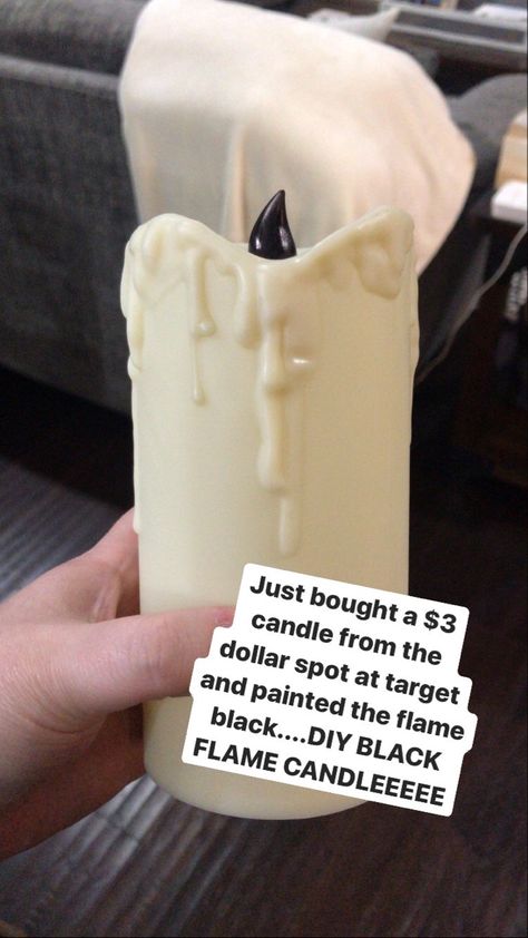 Grab a $3 candle from the Target dollar spot and color the flame black!! I used a black sharpie. Perfect for a Hocus Pocus or witch display! Diy Black Flame Candle, Witch Display, Hocus Pocus Party Decoration, Hocus Pocus Movie, Halloween Gender Reveal, Hocus Pocus Party, Hocus Pocus 2, Black Flame Candle, Halloween Baby Shower Theme