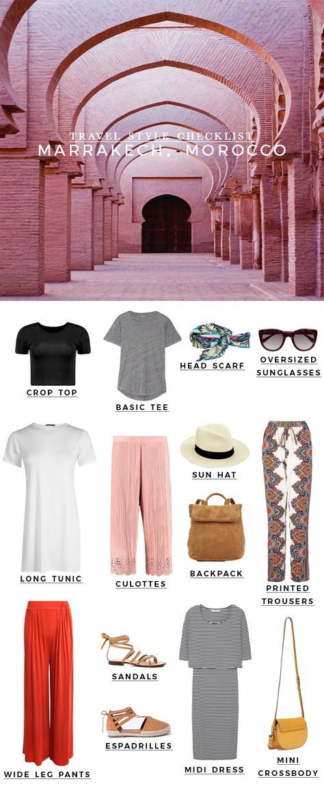 Travel style checklist: 4 days in Marrakech, Morocco Morocco Packing, Vacation Packing Checklist, Trip To Africa, Morocco Fashion, Marrakech Travel, Travel Clothing, Morocco Travel, Marrakech Morocco, Vacation Packing