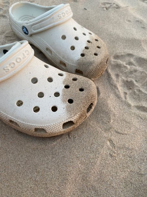 Summer beach crocs sand picture white cream tan Cream Crocs, Crocs Aesthetic, Sand Pictures, White Crocs, Summer 2025, Sand Color, House Inspo, Summer House, White Cream