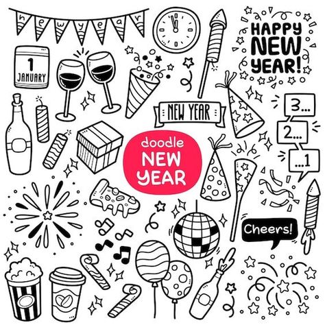 New Years Doodles, New Year Doodles, New Years Ball Drop, Happy New Year Clipart, Chinese New Year Kids, New Year Doodle, Halloween Clipart Free, Fireworks Clipart, Cute Halloween Clipart