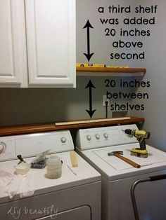 Adding shelving unit above laundry for storage and supplies would bring more value to the house even if we don't convert Dreamy Interiors, Laundry Room Storage Shelves, Small Laundry Room Organization, Room Storage Diy, Bilik Air, Laundry Room Renovation, Clean Clothes, Farmhouse Laundry, Laundry Room Remodel