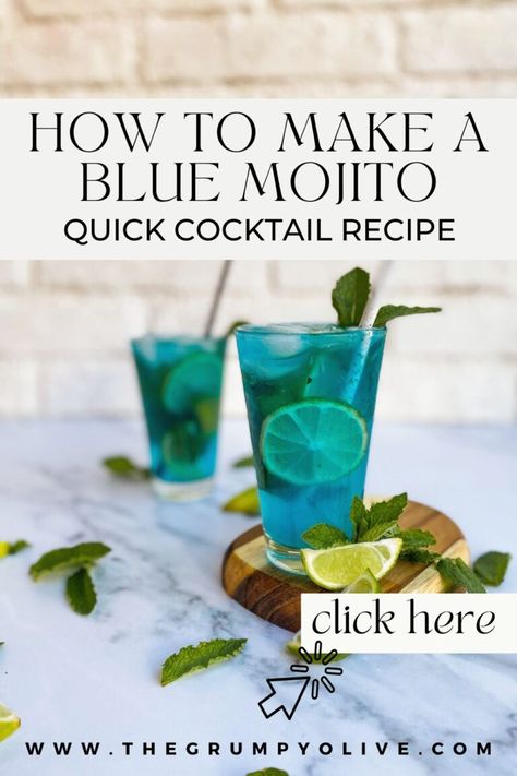 Are you after a quick cocktail recipe? looking for an easy summer alcoholic drink recipe to serve at your gatherings? Then this 5 minutes blue mojito is the perfect recipe for you, the most refreshing summer cocktail that will be a hit with all your guests. Grab the full recipe and step by step guide on how to make a blue mojito now on the blog! Easy Summer Alcoholic Drinks, Alcoholic Drink Recipe, Blue Mojito, Mojito Glass, Summer Drinks Alcohol Recipes, Mint Drink, Soda Syrup, Fun Summer Drinks, Summer Drinks Alcohol