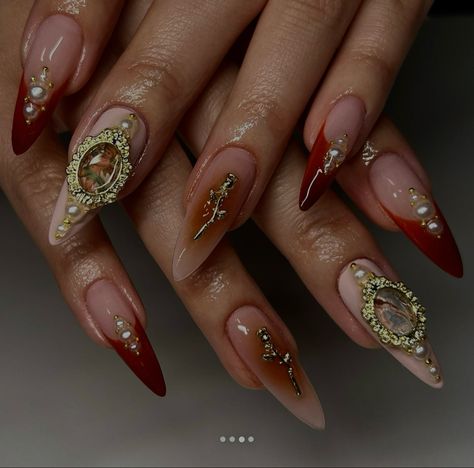 Victorian Nails, Antique Nails, Maximalist Jewelry, Fall Nail Inspo, Hand Painted Nails, Golden Angel, Custom Press On Nails, Wow Nails, Painted Nails