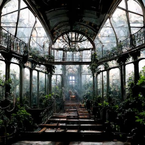 prompthunt: interior of **Christal palace 19th century greenhouse glasshouse art noveau architecture with iron winding stairs and exotic trees and flowers overgrown and abandoned haunted spooky lights floating and shadows dancing 19th Century Greenhouse, Goth Architecture Interior, Abandoned Greenhouse Aesthetic, Art Nouveau Greenhouse, Art Noveau Interiors, Creepy Greenhouse, Witchy Architecture, Overgrown Manor, Greenhouse At Night