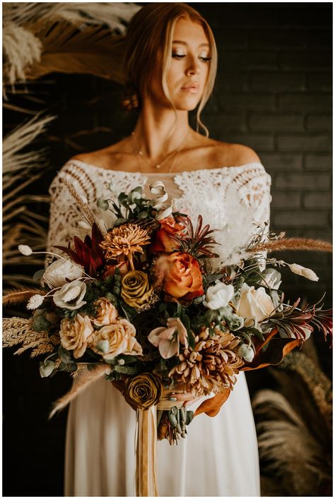 Sage Green Bouquet, Bouquet Sage Green, Burnt Orange Bouquet, Flagstaff Wedding, Edgy Bohemian, Bohemian Bouquet, Orange Bouquet, Orange Bouquets, Fall Bouquet